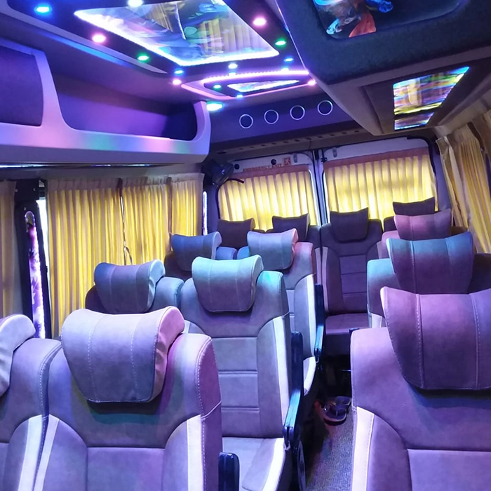 Comfortable seating layout inside the 14 seater Force Traveller