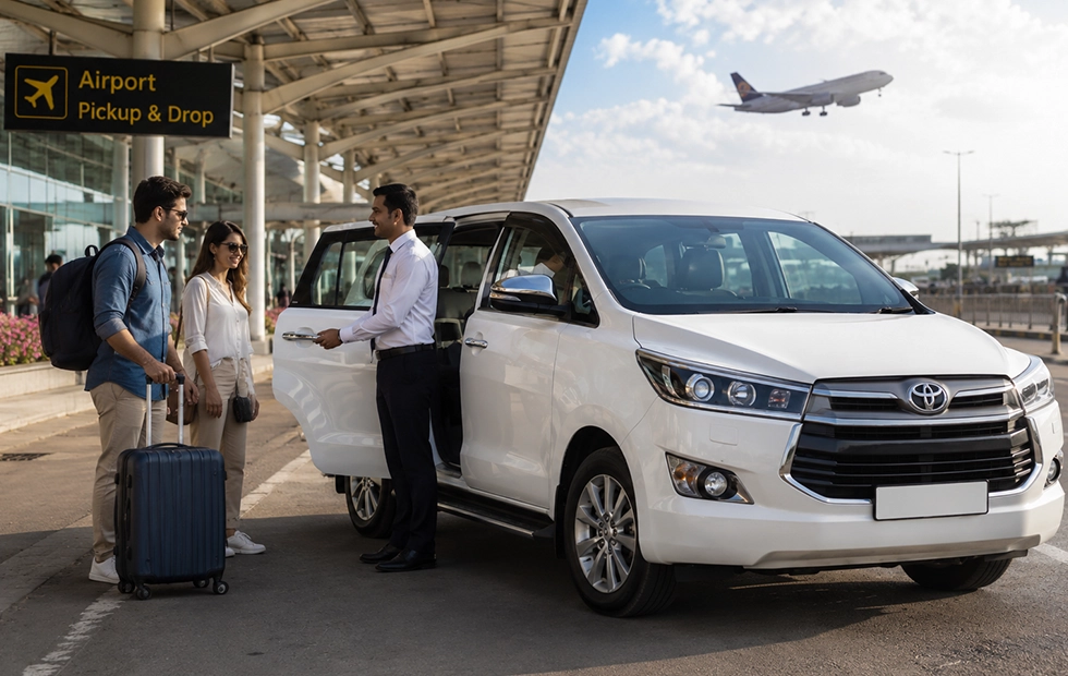 Force Traveller vehicle used for airport pickup and drop service