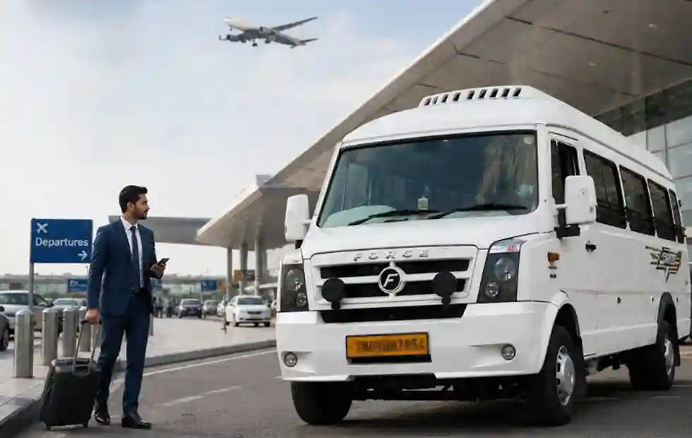 Force Traveller vehicle used for airport drop and pickup service